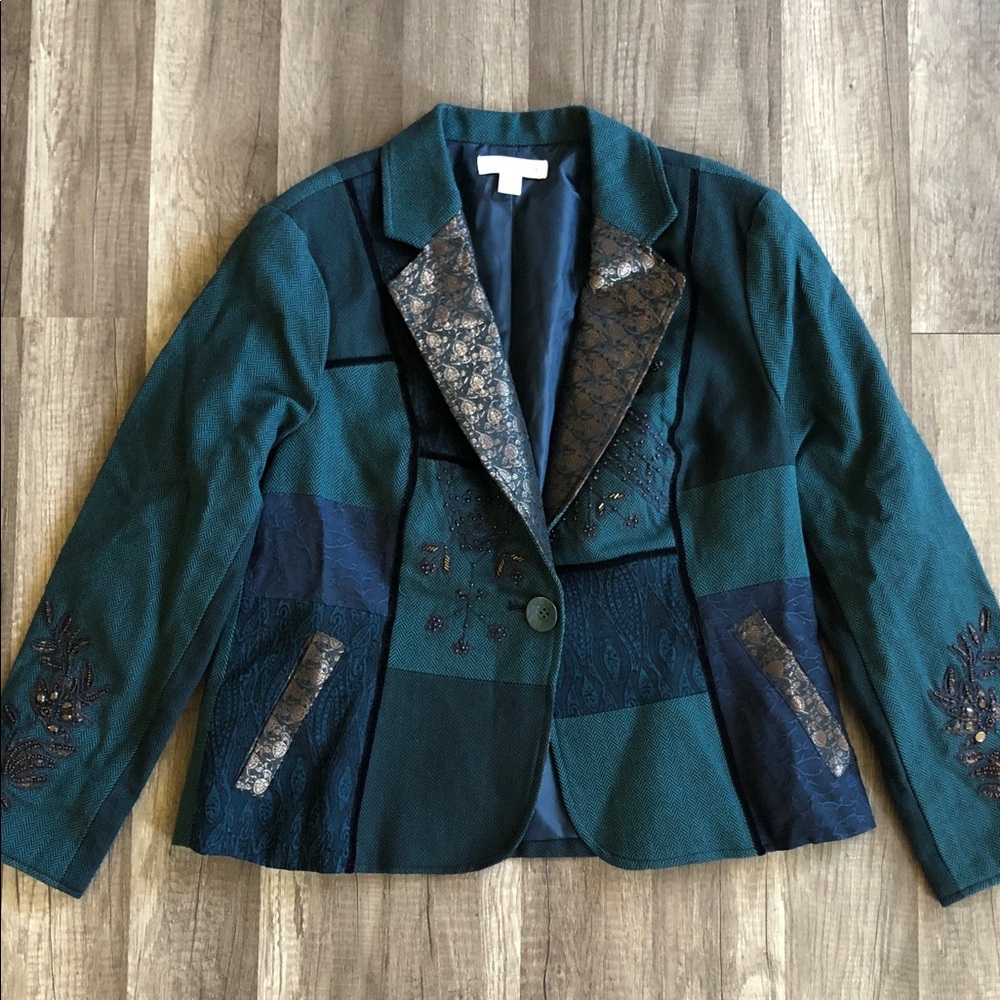 Coldwater Creek Teal Green Patched Boyfriend Jacket Petite 12 NEW